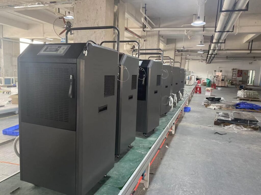 Image of a state-of-the-art dehumidifier production line, showcasing the precision manufacturing process. Advanced machinery and skilled technicians assemble high-performance dehumidifiers, ensuring top quality and efficiency. A glimpse into the production of reliable, energy-efficient units designed to control humidity in various environments. Quality assurance and innovation at the heart of each product.