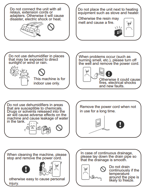 Graphic showing essential precautions when using a dehumidifier, including safe placement, regular cleaning, and proper ventilation. Clear visual guide highlighting important safety tips to prevent overheating, improve efficiency, and extend the lifespan of the device. Ideal for educating users on the best practices for safe and effective dehumidifier operation.