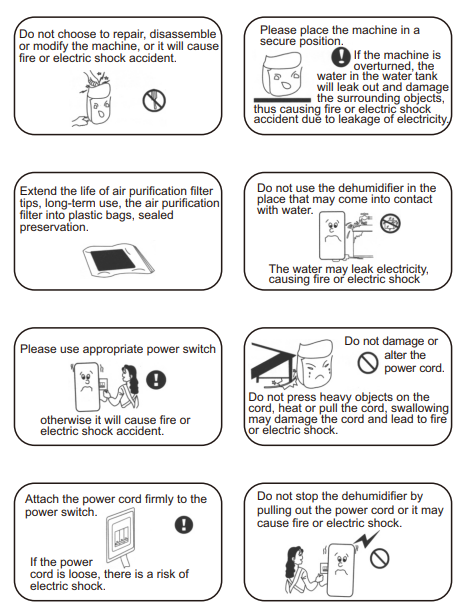 Graphic showing essential precautions when using a dehumidifier, including safe placement, regular cleaning, and proper ventilation. Clear visual guide highlighting important safety tips to prevent overheating, improve efficiency, and extend the lifespan of the device. Ideal for educating users on the best practices for safe and effective dehumidifier operation.